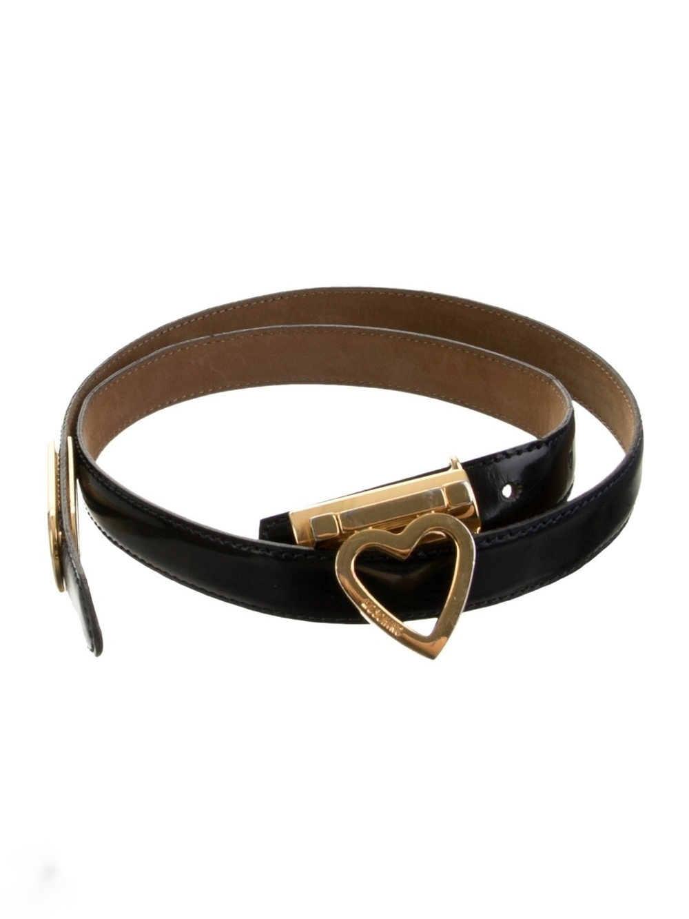 MOSCHINO Skinny Black Leather Belt With Heart Buckle Belt